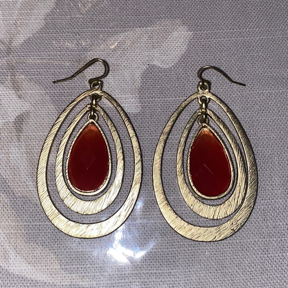 Gold and Red/Orange Teardrop Earrings